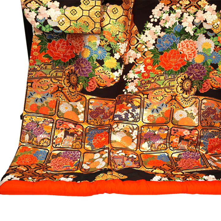Vintage Japanese Uchikake Wedding Kimono, Red & Deep Brown with Golden Gosho-Guruma, Chrysanthemums & Peonies & Gold Thread