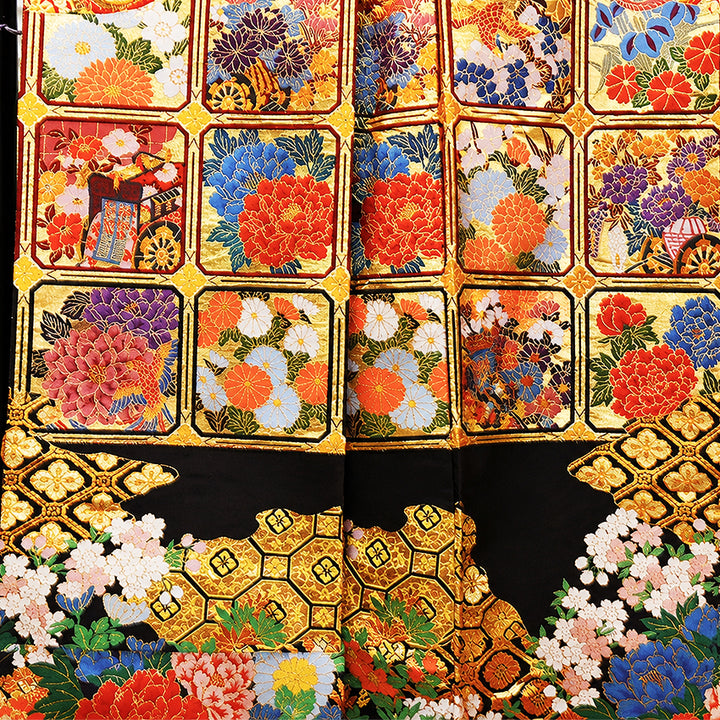 Vintage Japanese Uchikake Wedding Kimono, Red & Deep Brown with Golden Gosho-Guruma, Chrysanthemums & Peonies & Gold Thread