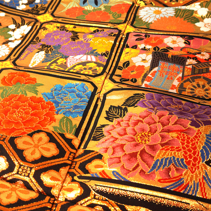 Vintage Japanese Uchikake Wedding Kimono, Red & Deep Brown with Golden Gosho-Guruma, Chrysanthemums & Peonies & Gold Thread