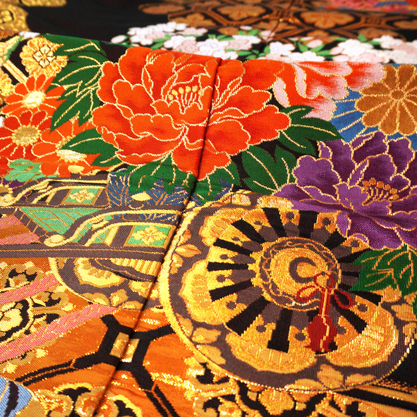 Vintage Japanese Uchikake Wedding Kimono, Red & Deep Brown with Golden Gosho-Guruma, Chrysanthemums & Peonies & Gold Thread