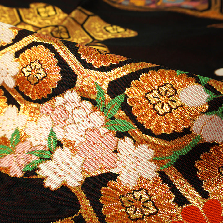 Vintage Japanese Uchikake Wedding Kimono, Red & Deep Brown with Golden Gosho-Guruma, Chrysanthemums & Peonies & Gold Thread