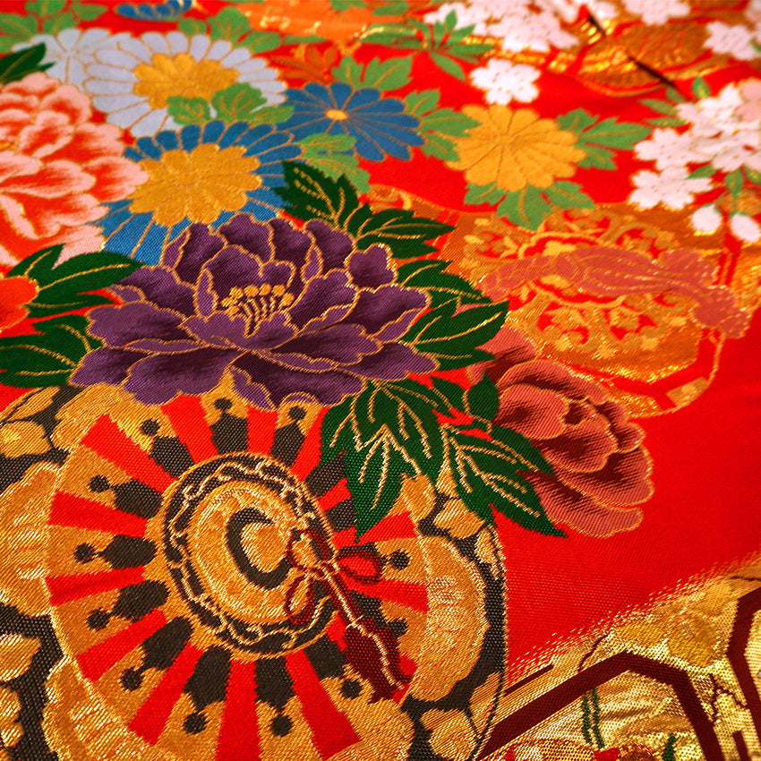 Vintage Japanese Uchikake Wedding Kimono, Red & Deep Brown with Golden Gosho-Guruma, Chrysanthemums & Peonies & Gold Thread