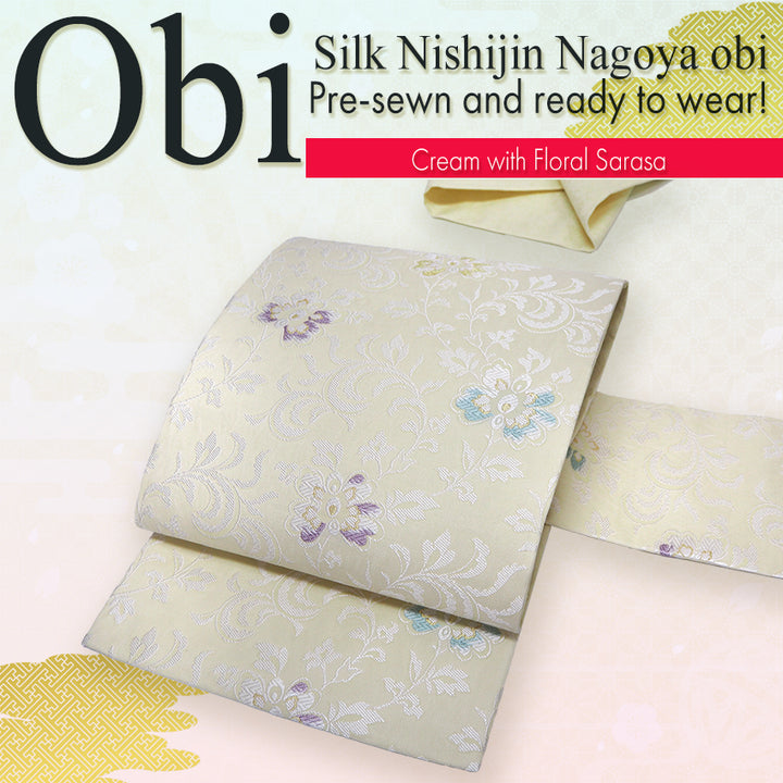 Silk Nishijin Nagoya Obi ,Cream with Floral Sarasa