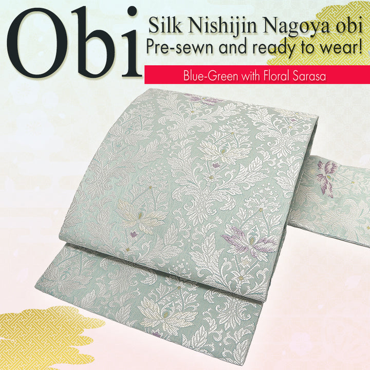 Silk Nishijin Nagoya Obi ,Blue-Green with Floral Sarasa