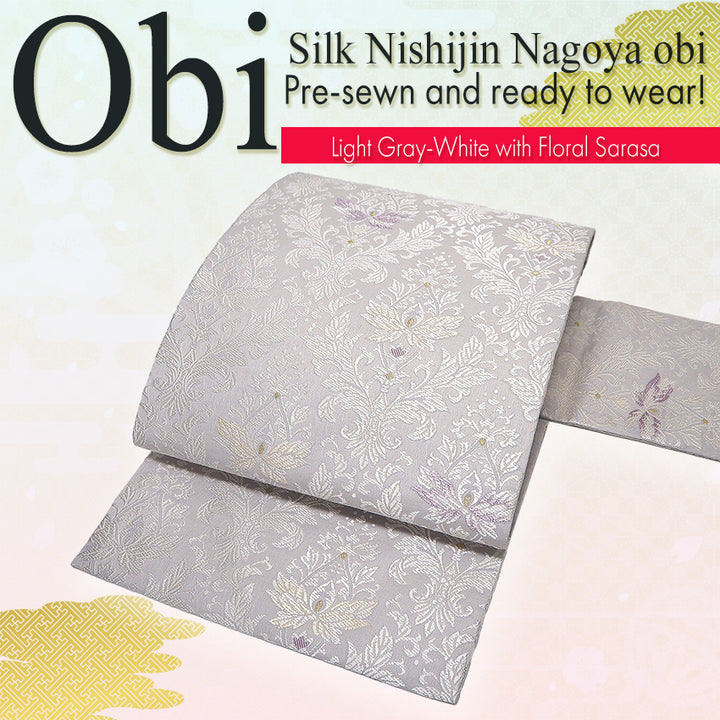 Silk Nishijin Nagoya Obi ,Light Gray-White with Floral Sarasa