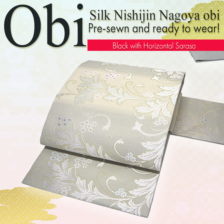 Silk Nishijin Nagoya Obi ,Light Gray with Horizontal Sarasa