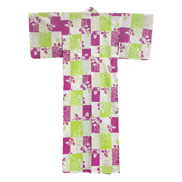 Women's Cotton Yukata, Casual Summer Kimono - Light Green & Purple, Peony