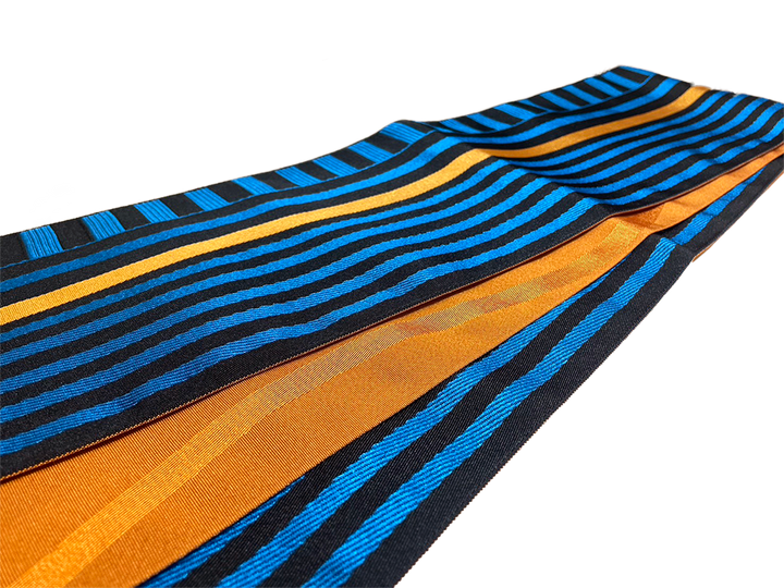 Women's Hanhaba-Obi / Half-width Belt : Blue, Black Striped, Yellow Line