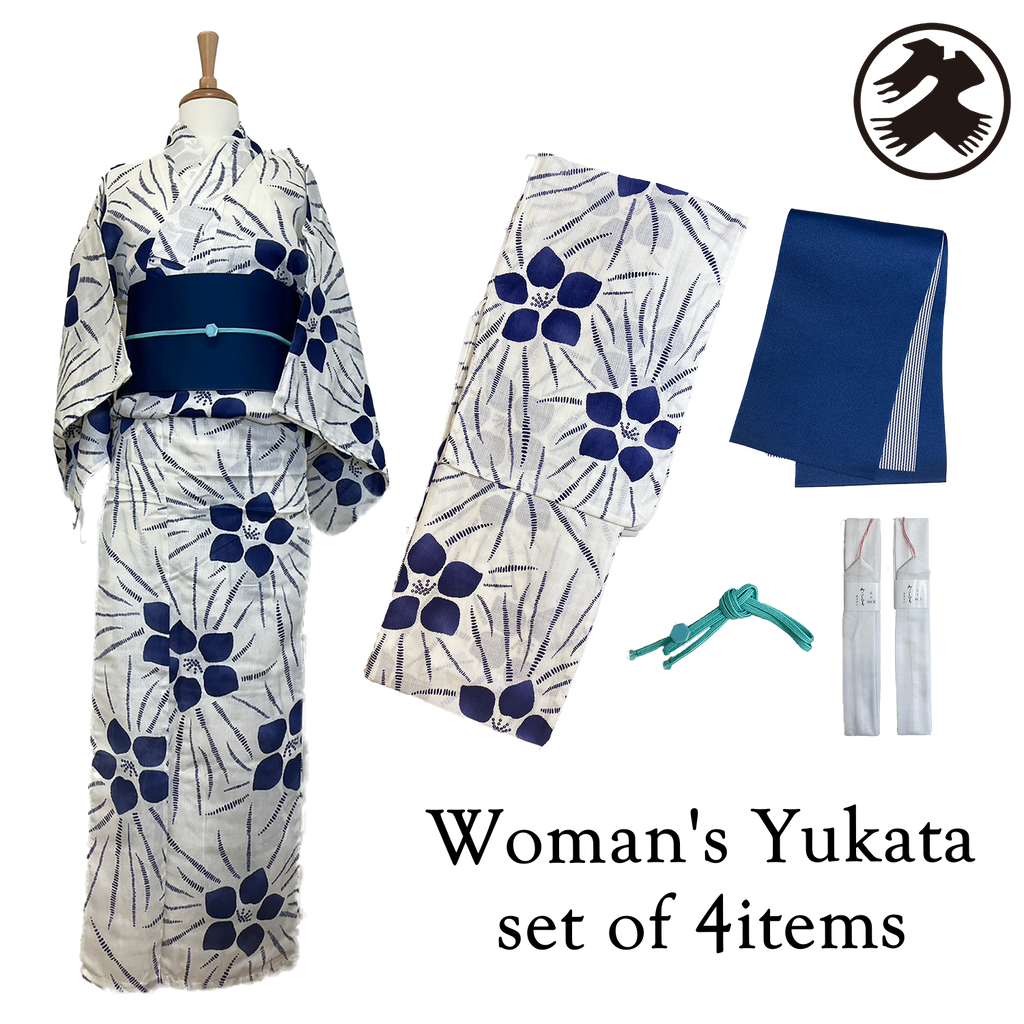 Women's Yukata Coordinate Set For Beginners : White, Dark blue