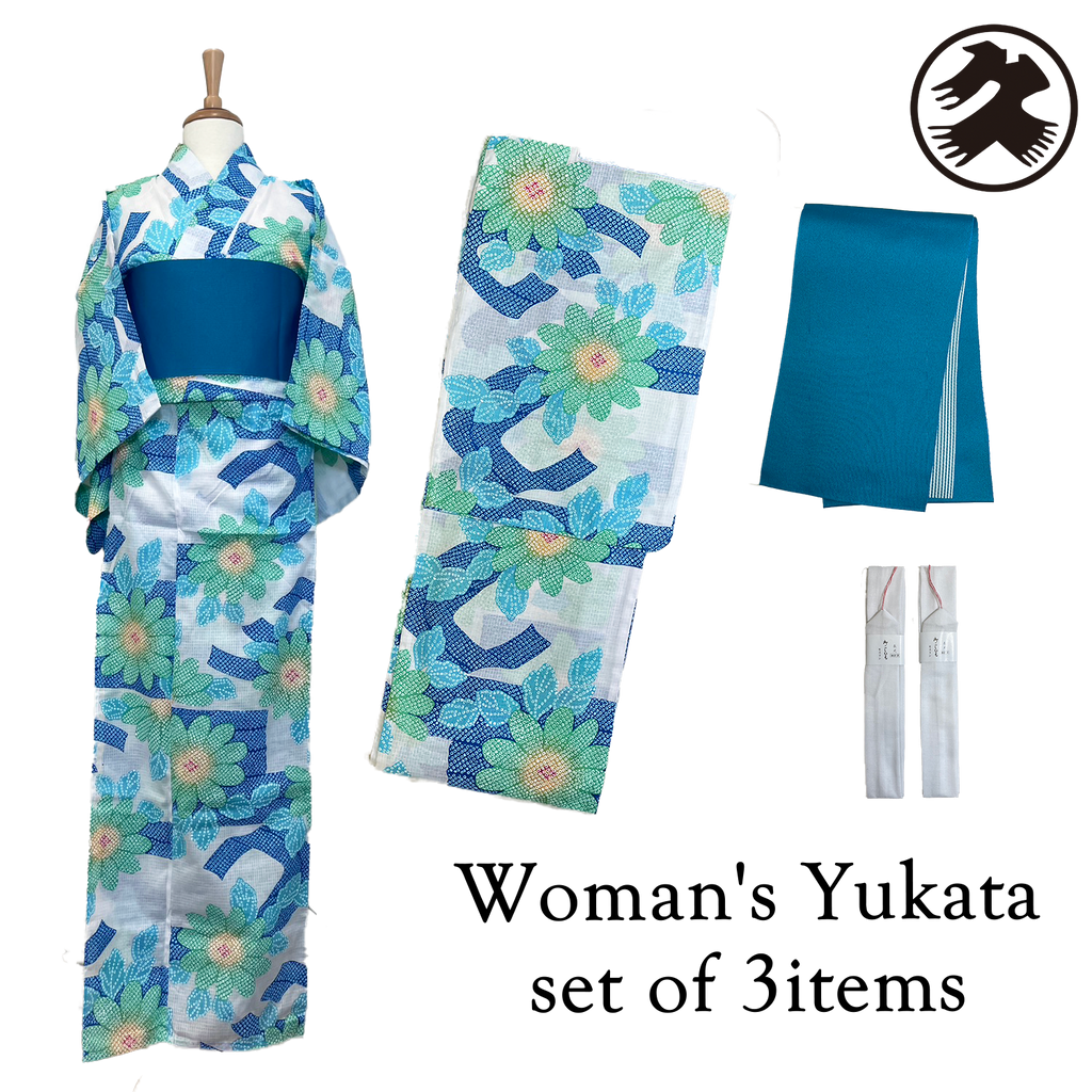 Women's Cotton Yukata Coordinate Set For Beginners : White, Green