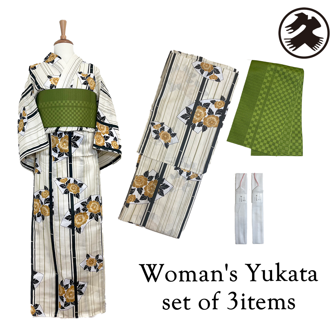 Women's Yukata Full Set  : Fan-shaped, Flowers & Green Ichimatsu obi