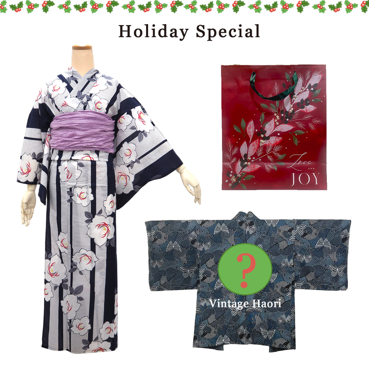 Women's Yukata Coordinate Set of 3 For Beginners : Navy Yukata & Lavender Obi