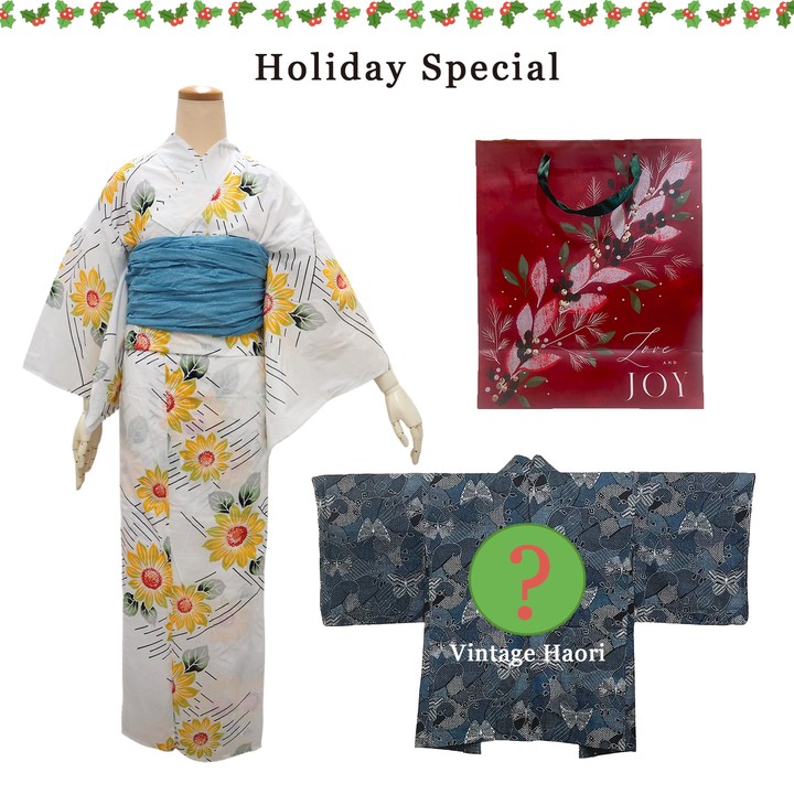 Women's Yukata Coordinate Set of 3 For Beginners : White Yukata &Sky blue Obi