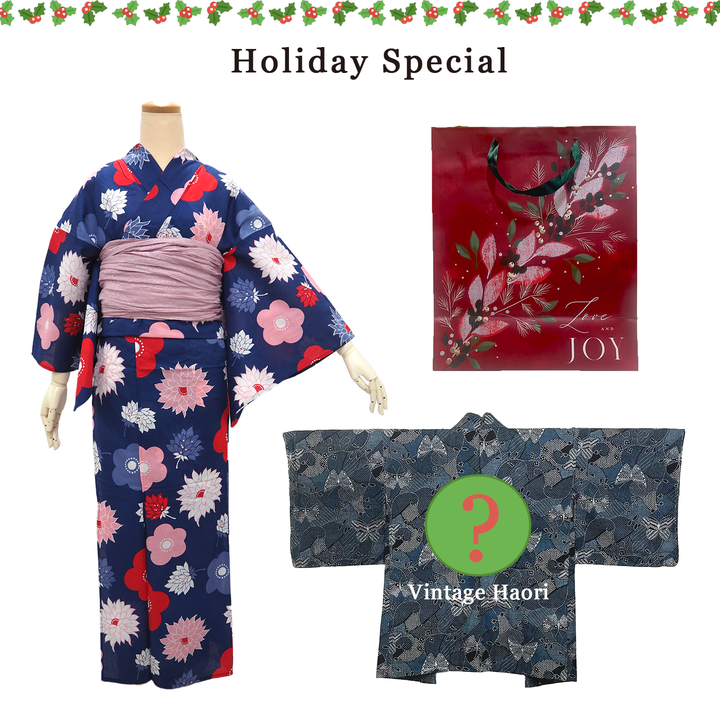 Women's Yukata Coordinate Set of 3 For Beginners : Navy Yukata & Rose mist Obi