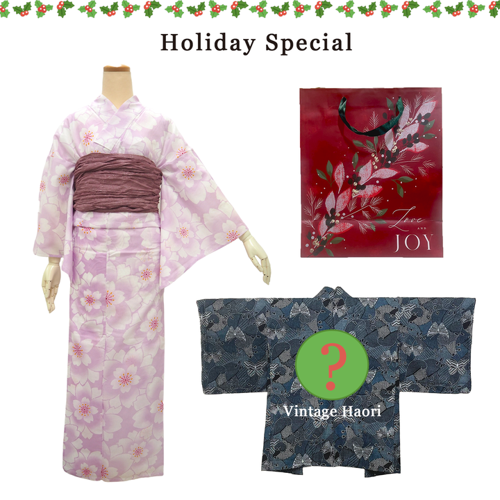 Women's Yukata Coordinate Set of 3 For Beginners : Light purple Yukata & Old Lilac Obi