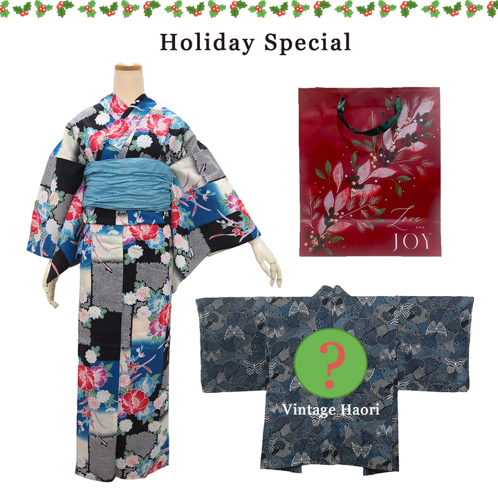 Women's Yukata Coordinate Set of 3 For Beginners : Black Yukata & Sky blue Obi