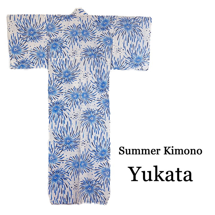 Women's Cotton Yukata, Casual Summer Kimono - Blue Fireworks