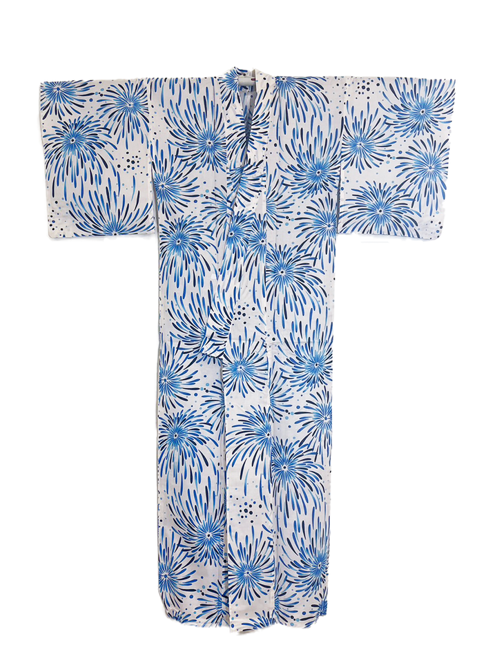 Women's Cotton Yukata, Casual Summer Kimono - Blue Fireworks