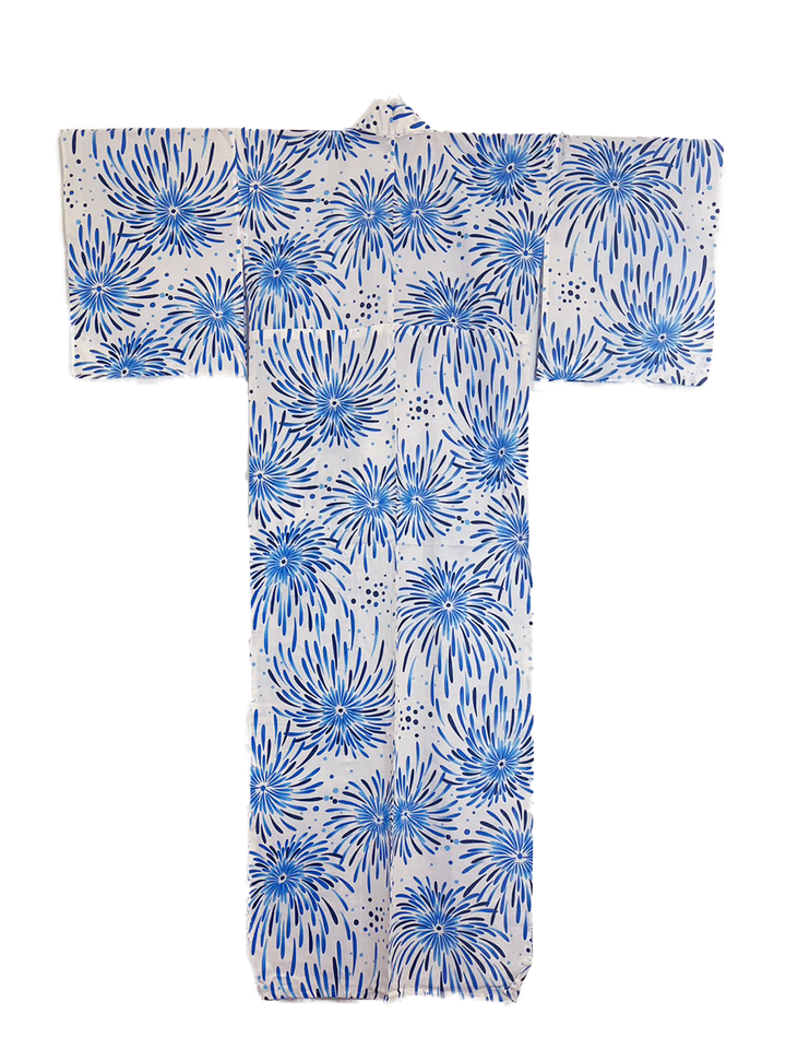 Women's Cotton Yukata, Casual Summer Kimono - Blue Fireworks