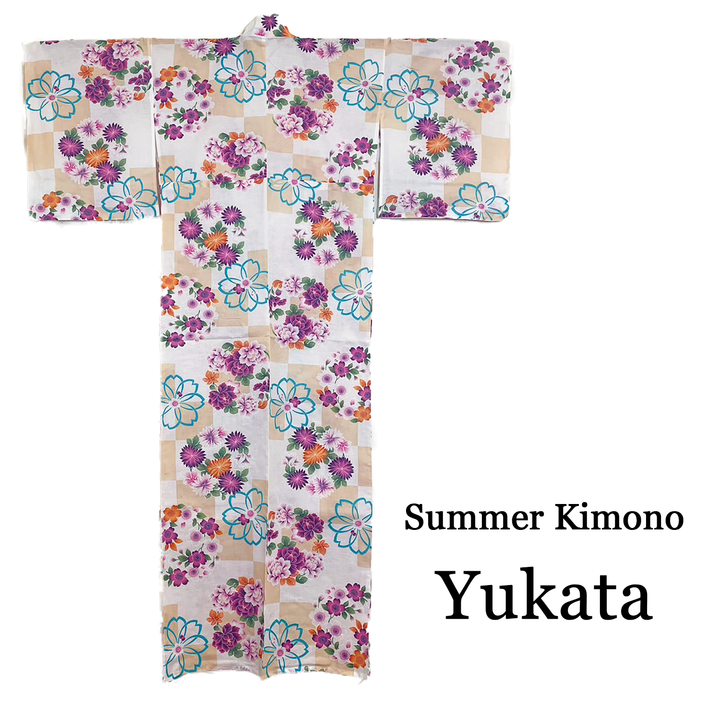 Women's Cotton Yukata, Casual Summer Kimono - Beige, Flowers