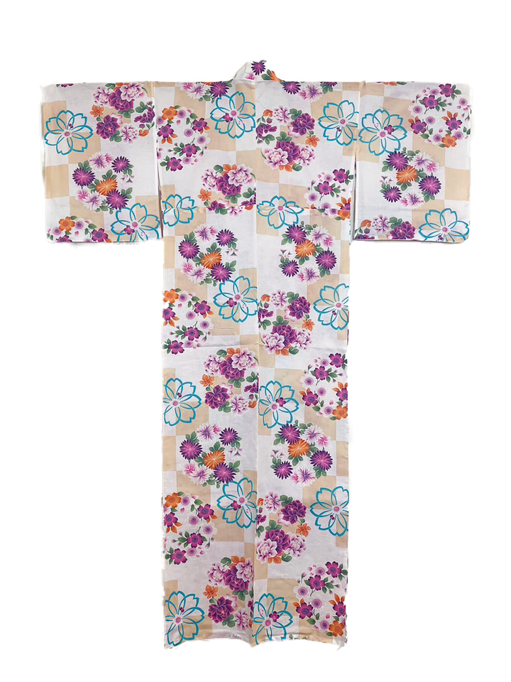 Women's Cotton Yukata, Casual Summer Kimono - Beige, Flowers