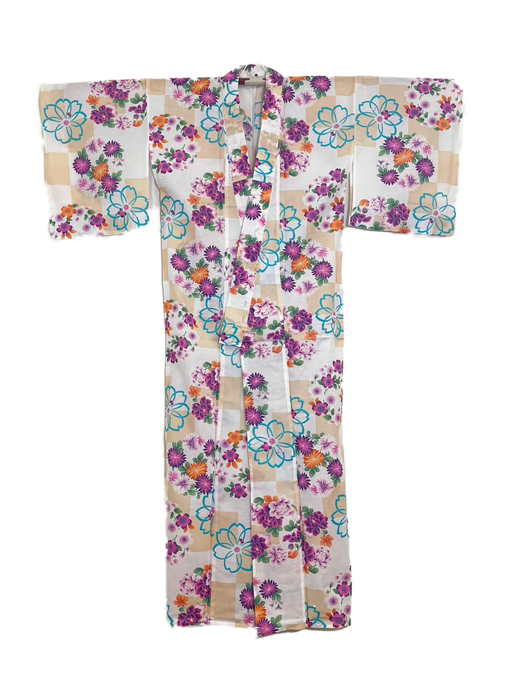 Women's Cotton Yukata, Casual Summer Kimono - Beige, Flowers