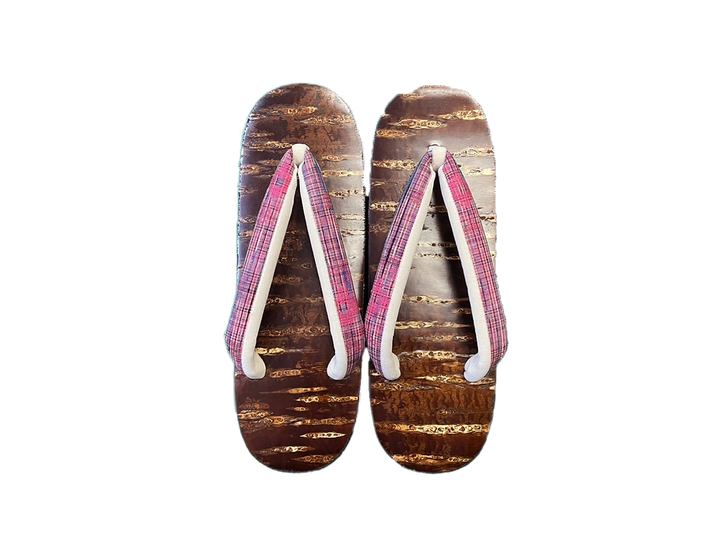 Woman's Wooden Geta Sandals : Pink checked (Made in Japan)