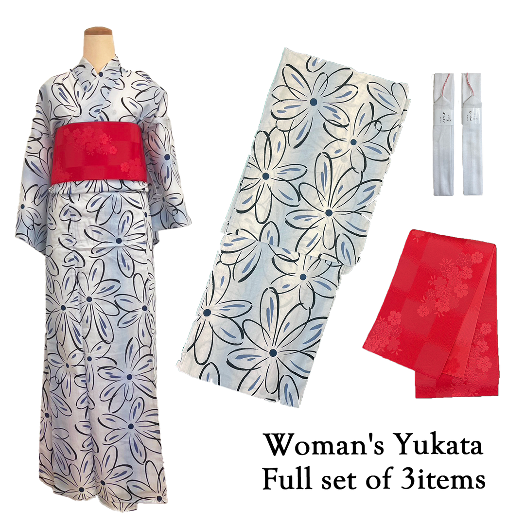 Women's Yukata Full Set  : White & Blue, Flowers & Red