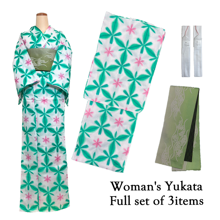 Women's Yukata Full Set  : White, Green gradient & Green obi