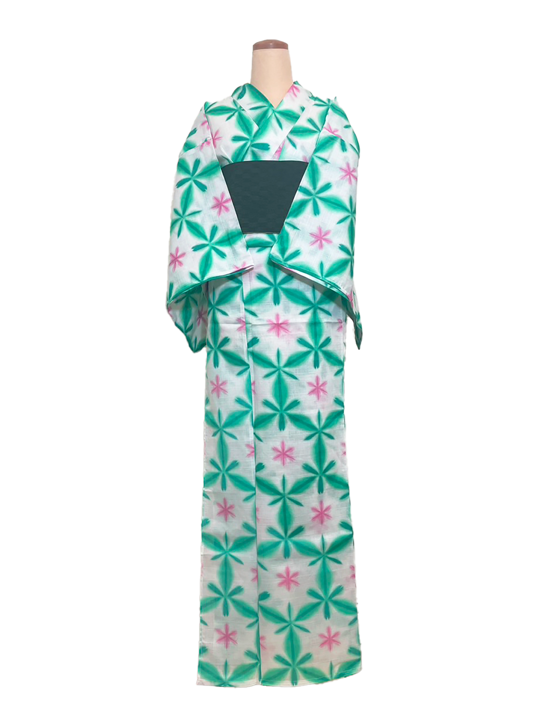 Women's Yukata Full Set  : White, Green gradient & Green obi