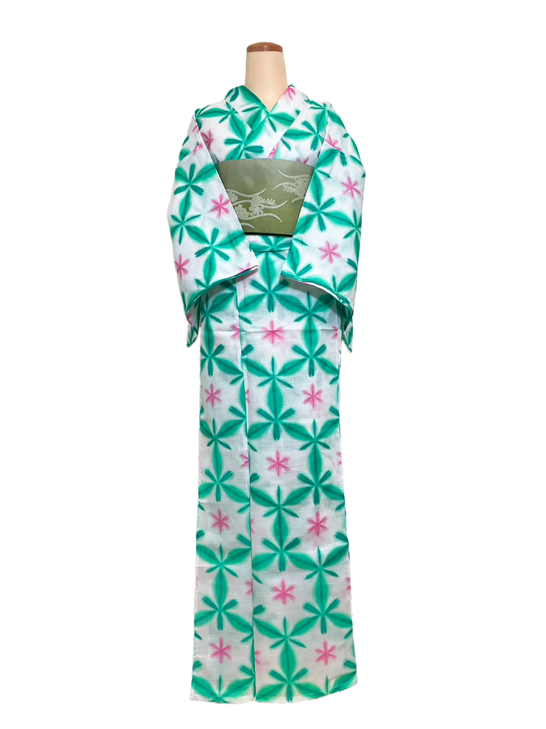 Women's Yukata Full Set  : White, Green gradient & Green obi