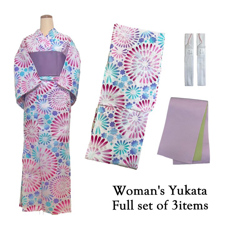 Women's Yukata Full Set  : Fire works & Purple obi