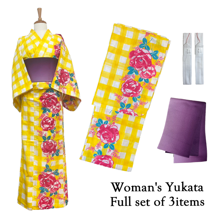 Women's Yukata Full Set  : Yellow checked, Purple gradient