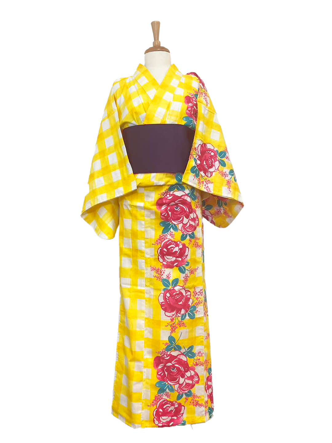 Women's Yukata Full Set  : Yellow checked, Purple gradient