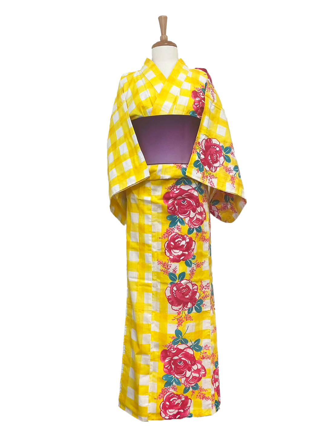 Women's Yukata Full Set  : Yellow checked, Purple gradient