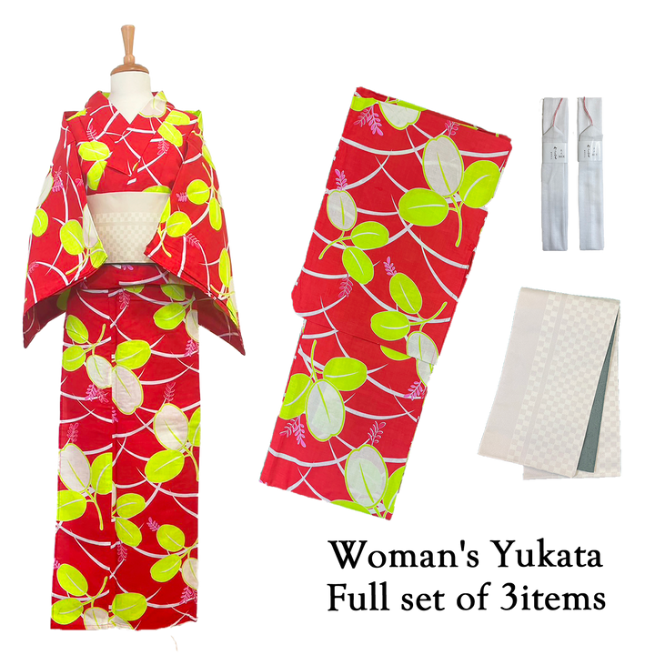 Women's Yukata Full Set  : Red, Leaves & White checked