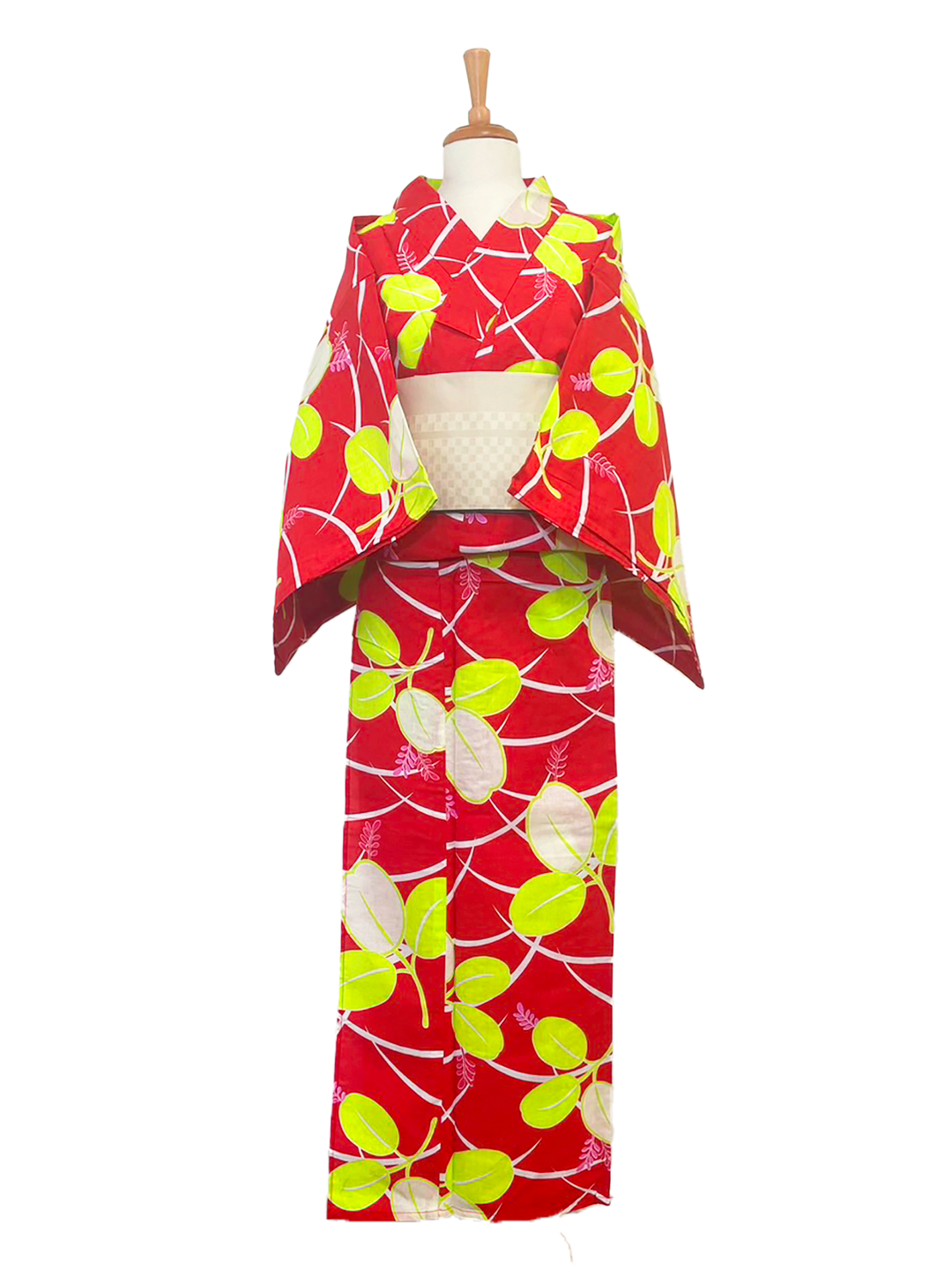 Women's Yukata Full Set  : Red, Leaves & White checked