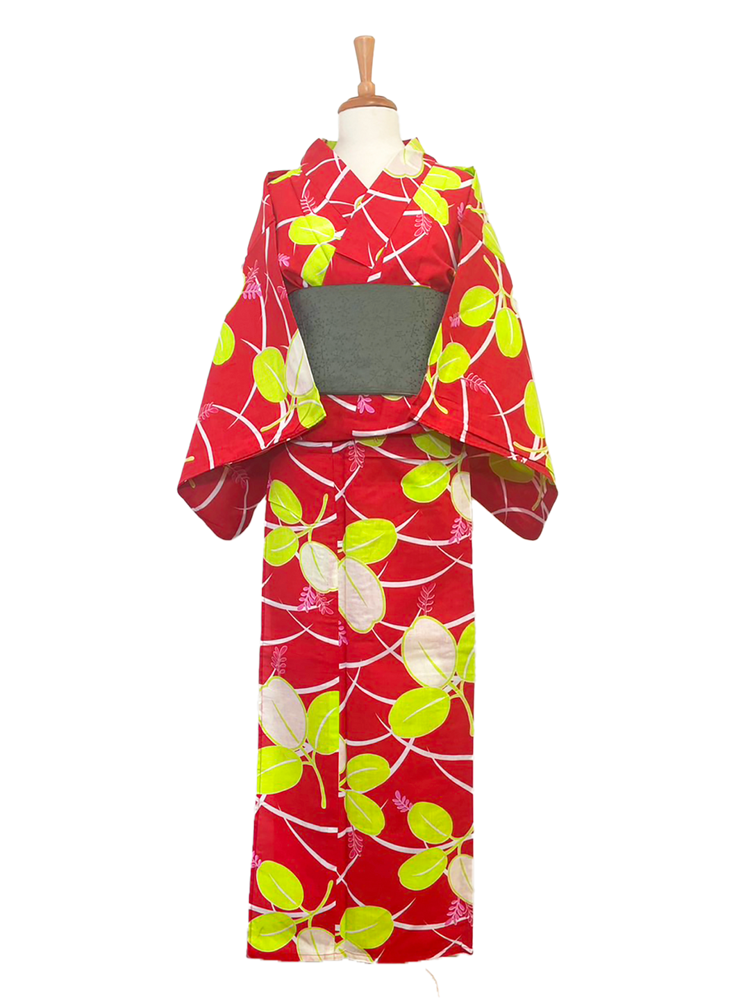 Women's Yukata Full Set  : Red, Leaves & White checked