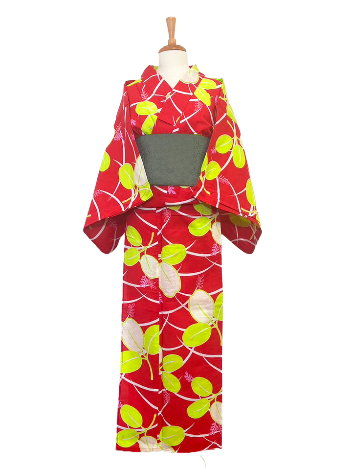 Women's Yukata Full Set  : Red, Leaves & White checked