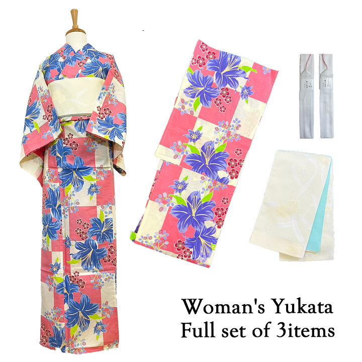 Women's Yukata Full Set  : Pink checked, Blue Lily & White obi