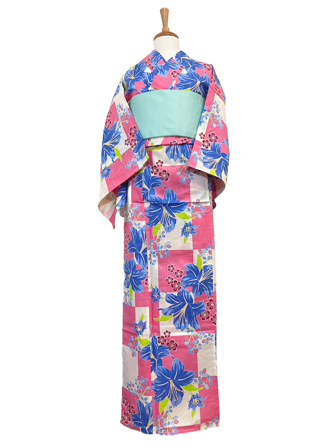 Women's Yukata Full Set  : Pink checked, Blue Lily & White obi