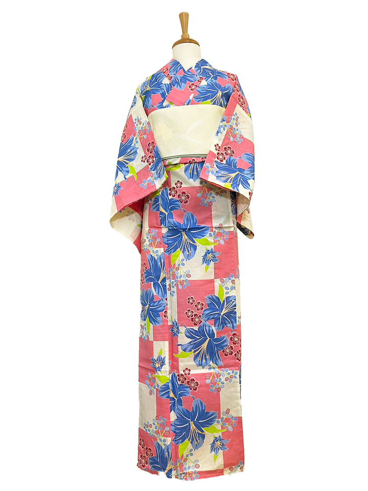 Women's Yukata Full Set  : Pink checked, Blue Lily & White obi