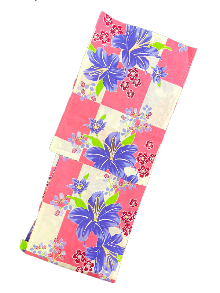 Women's Yukata Full Set  : Pink checked, Blue Lily & White obi