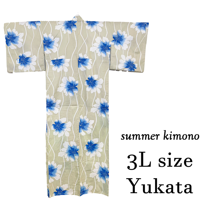 Women's Cotton Yukata, Casual Summer Kimono *3L - Cream, Blue Flowers