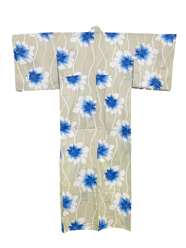 Women's Cotton Yukata, Casual Summer Kimono *3L - Cream, Blue Flowers