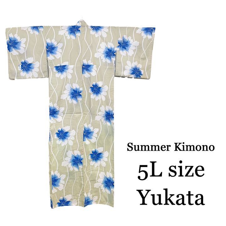 Women's Cotton Yukata, Casual Summer Kimono *5L - Cream, Blue Flowers