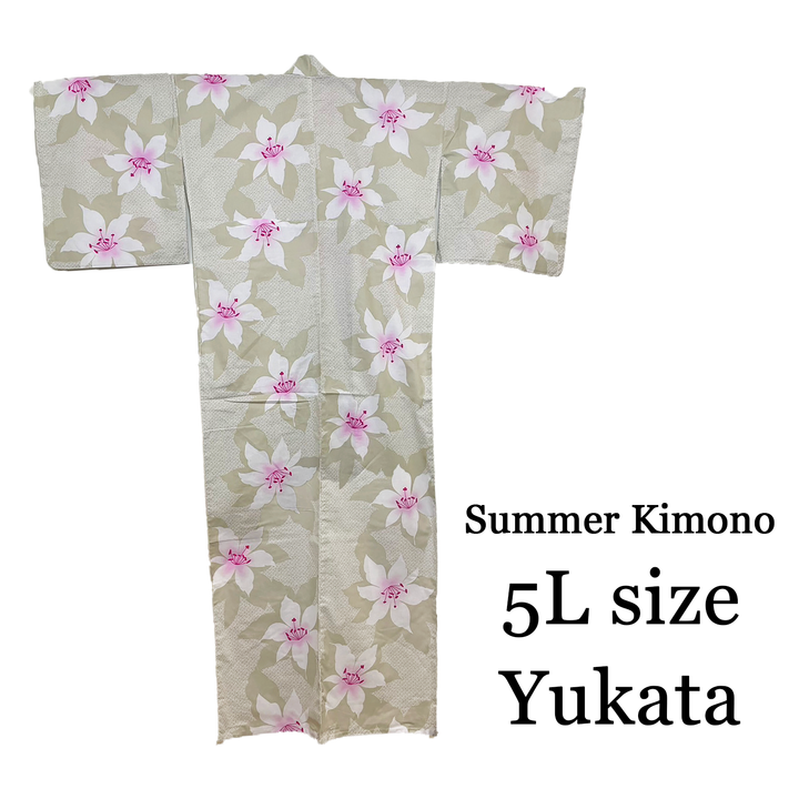 Women's Cotton Yukata, Casual Summer Kimono *5L - Cream, Pink Lily