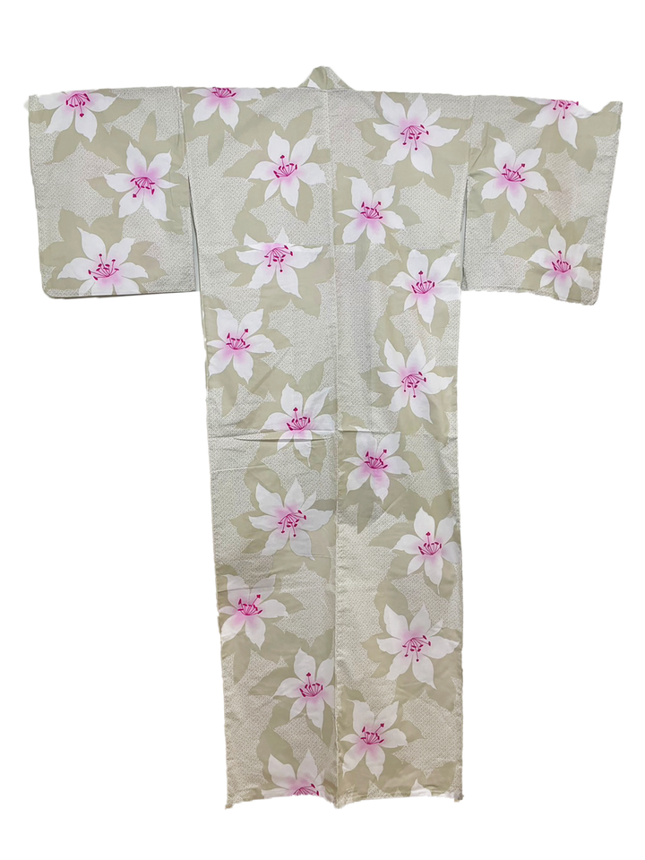 Women's Cotton Yukata, Casual Summer Kimono *5L - Cream, Pink Lily