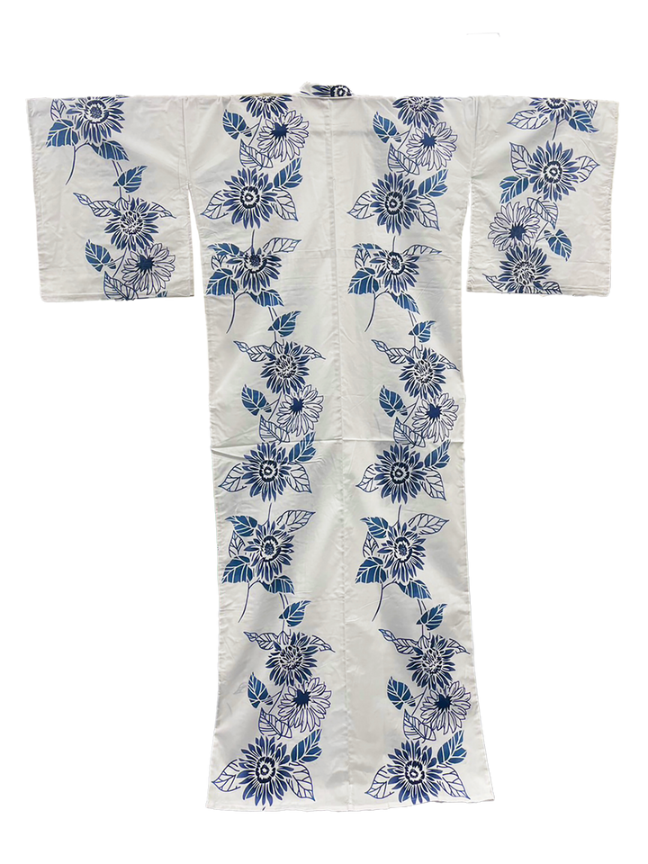 Women's PLUS size Cotton Yukata, Casual Kimono - White, Blue Sunflower