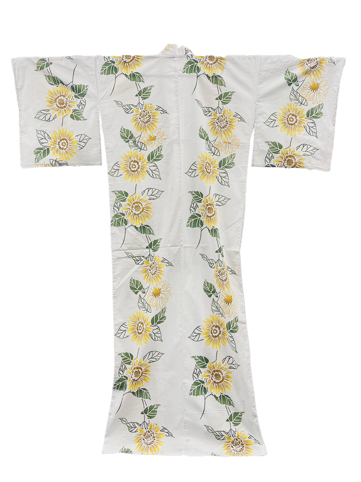 Women's PLUS size Cotton Yukata, Casual Kimono - White, Yellow Sunflower